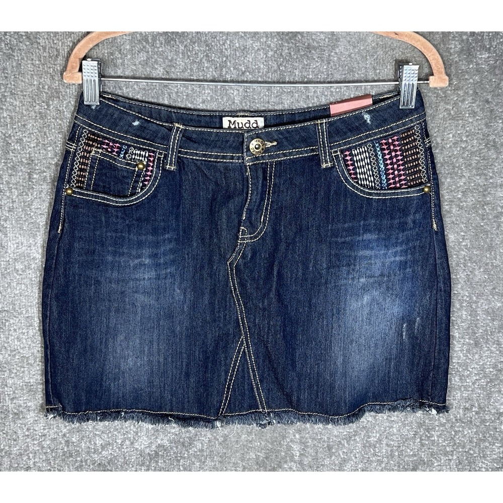 Mudd Mini Denim Jean Skirt Girls Size 16 Blue Tribal Embroidery Pockets New